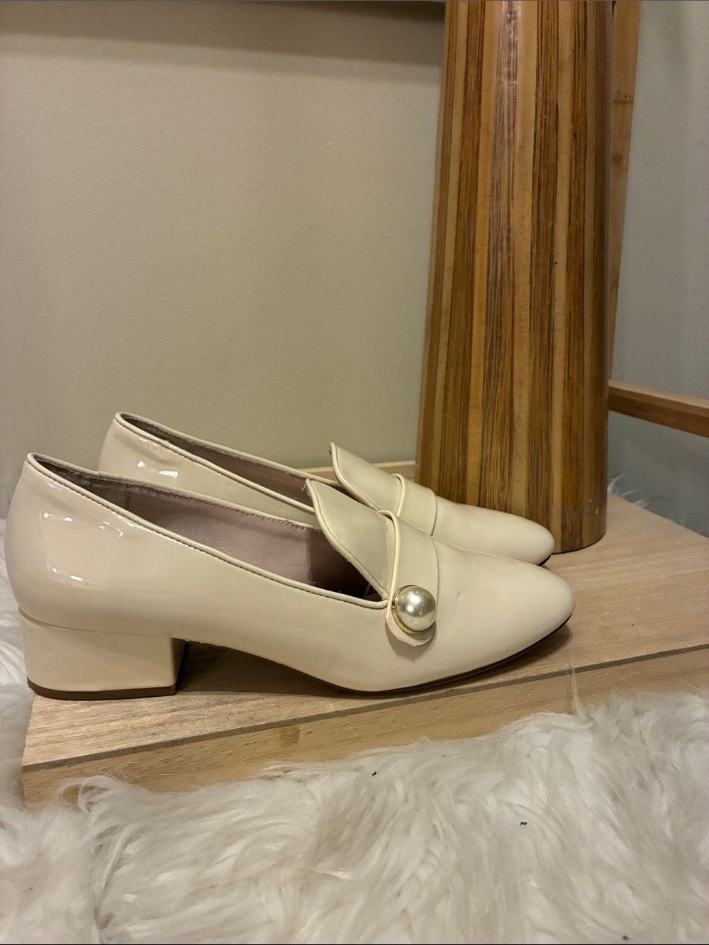 Zara Cream Patent Loafers with Pearl Accent